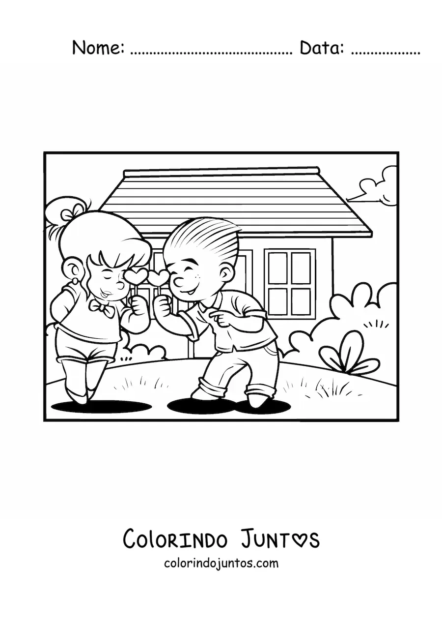 Desenho para colorir de um casal de criancas com coracoes do Dia dos Namorados