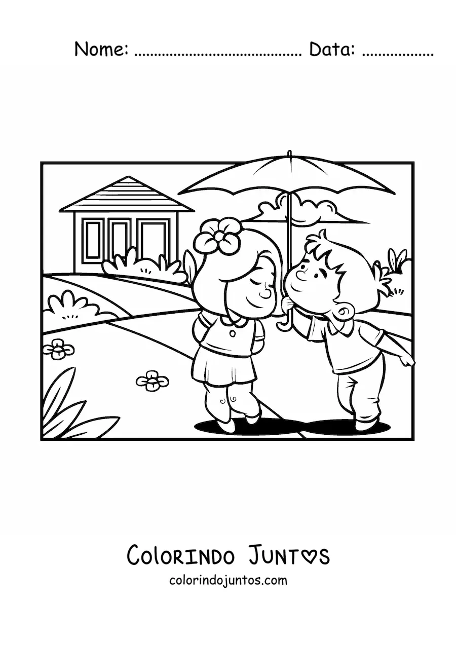 Desenho para colorir de um casal de criancas em um encontro romantico