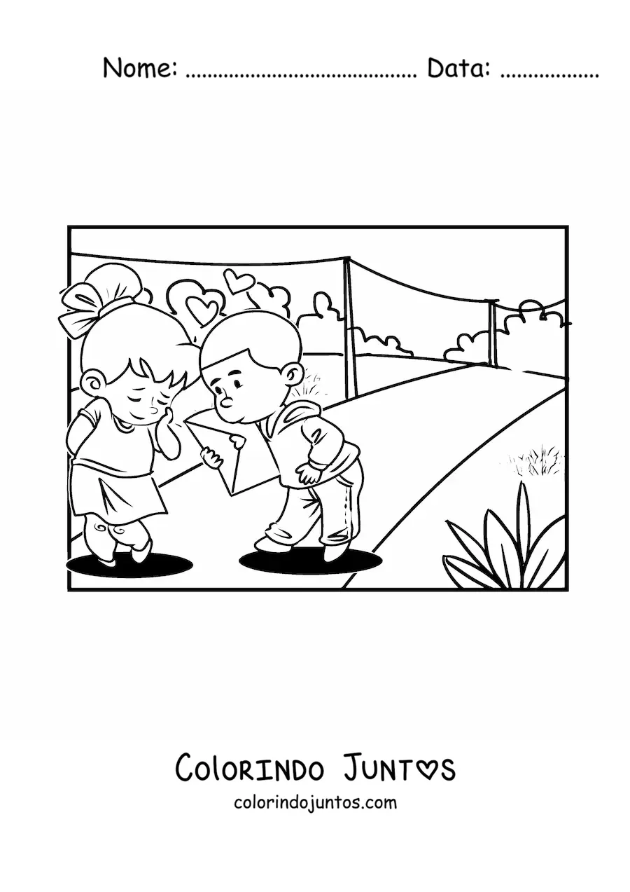 Desenho para colorir de um casal de criancas com um cartao do Dia dos Namorados