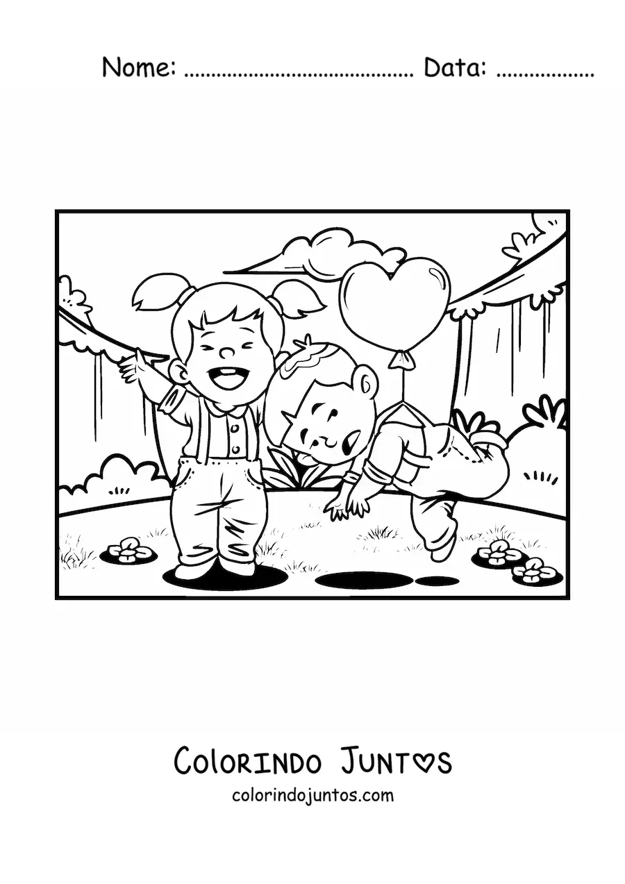Desenho para colorir de um casal de criancas em um encontro divertido do Dia dos Namorados
