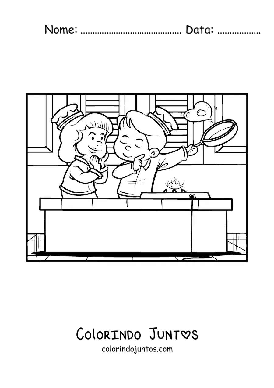 Desenho para colorir de um casal de criancas em um cafe da manha do Dia dos Namorados
