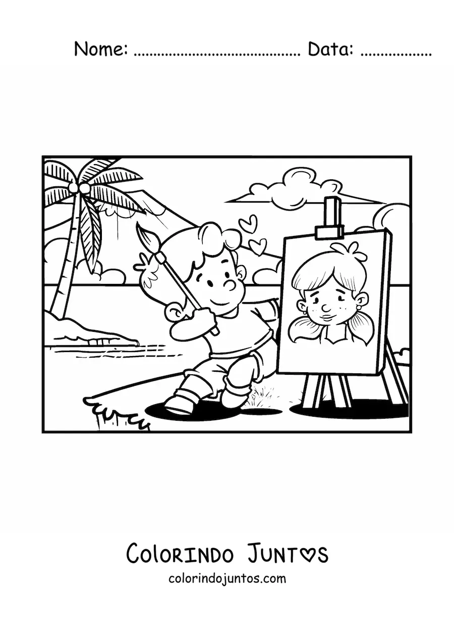 Desenho para colorir de um menino pintando um retrato do Dia dos Namorados