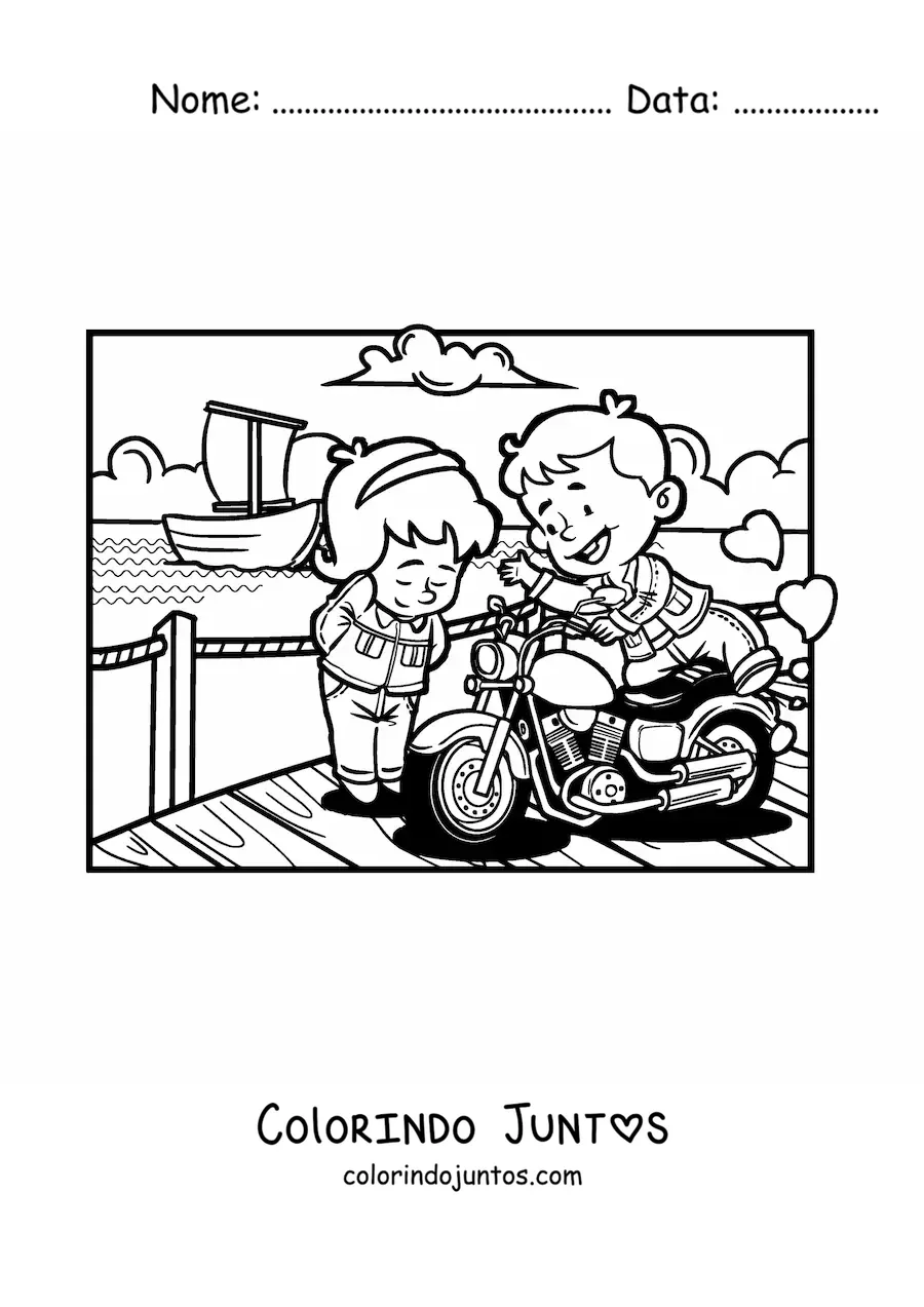 Desenho para colorir de um casal de criancas em um encontro romantico no pier