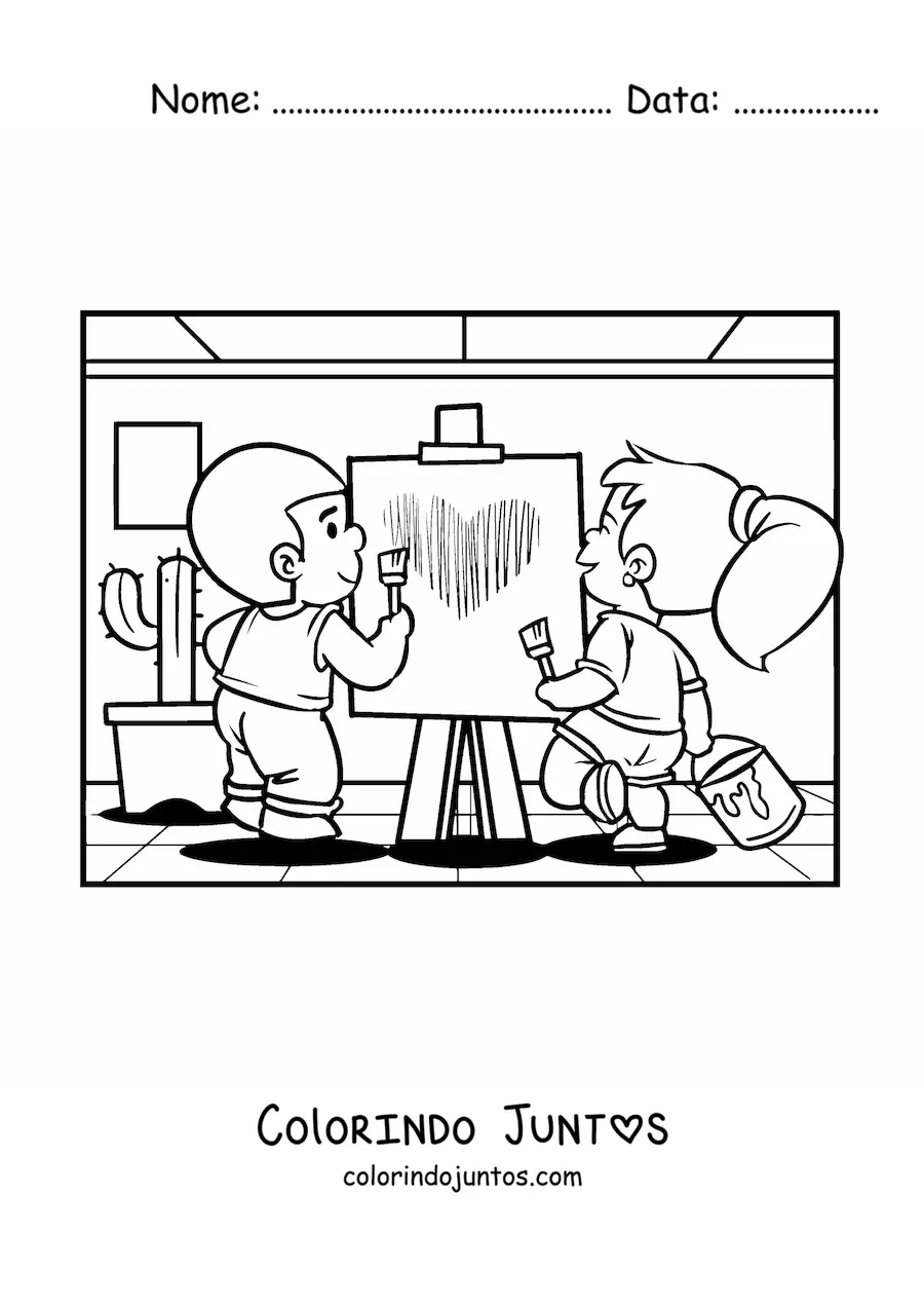 Desenho para colorir de um casal de criancas pintando no Dia dos Namorados