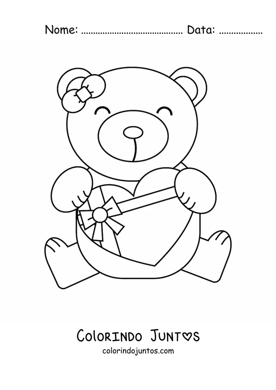 Desenho para colorir de um urso com presente do Dia dos Namorados