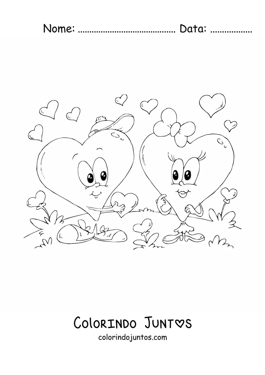 Desenho para colorir de dois coracoes animados no Dia dos Namorados