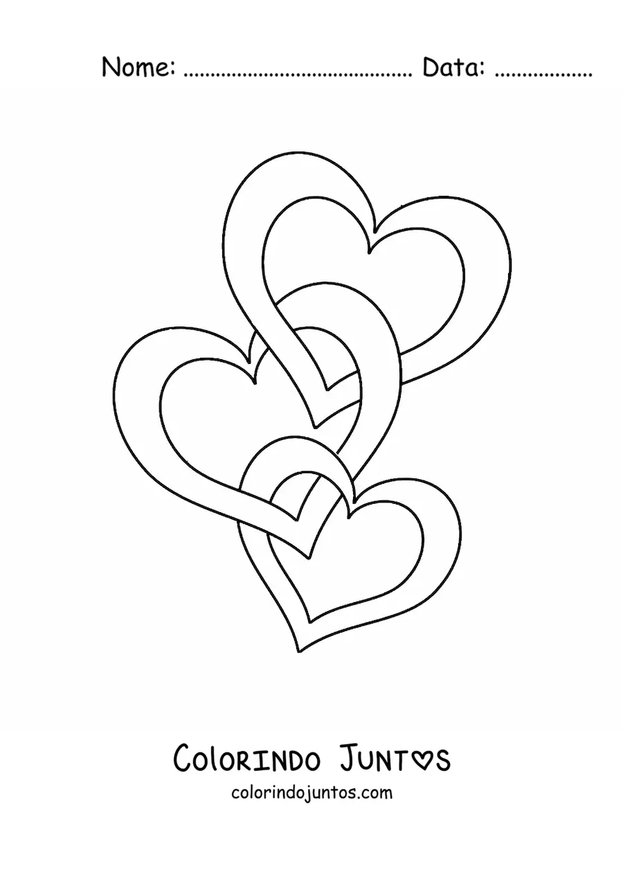 Desenho para colorir de tres coracoes entrelacados