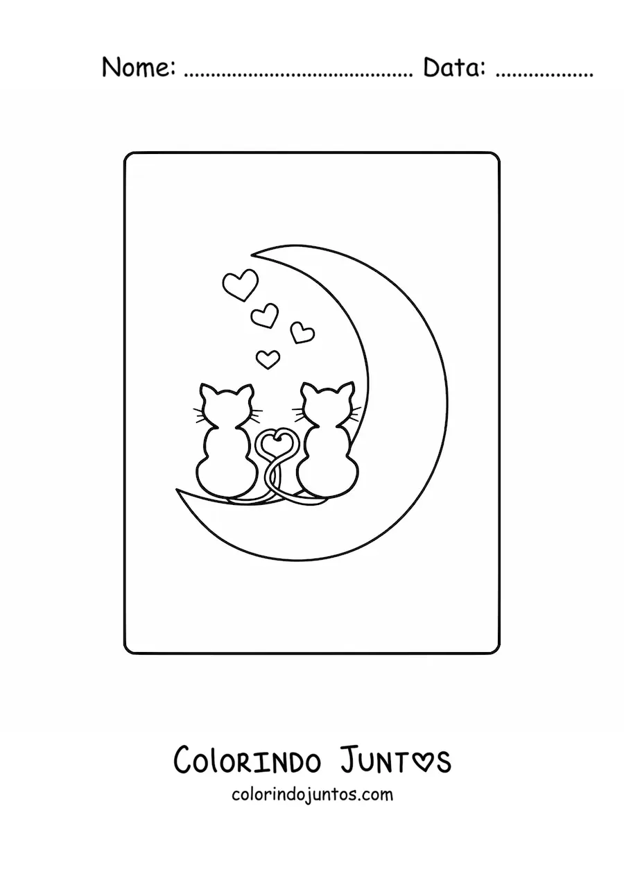 Desenho para colorir de dois gatos apaixonados sobre a Lua