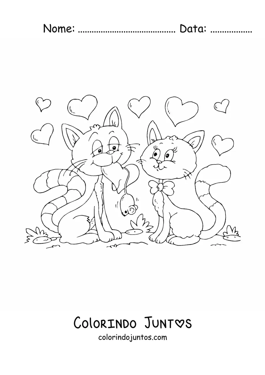 Desenho para colorir de dois gatos apaixonados no Dia dos Namorados