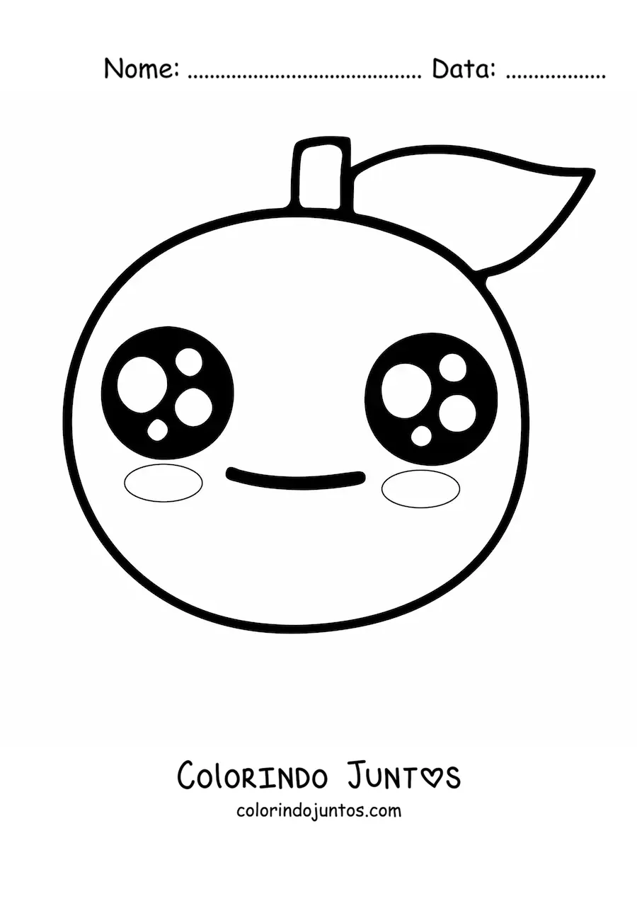 Desenho para colorir de uma laranja kawaii animada com olhos grandes