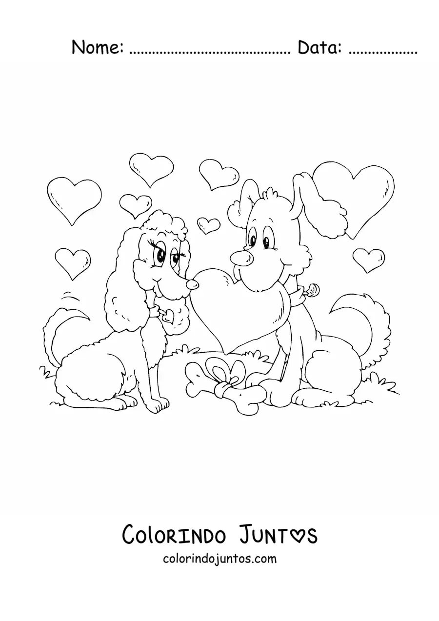 Desenho para colorir de dois cachorros apaixonados no Dia dos Namorados