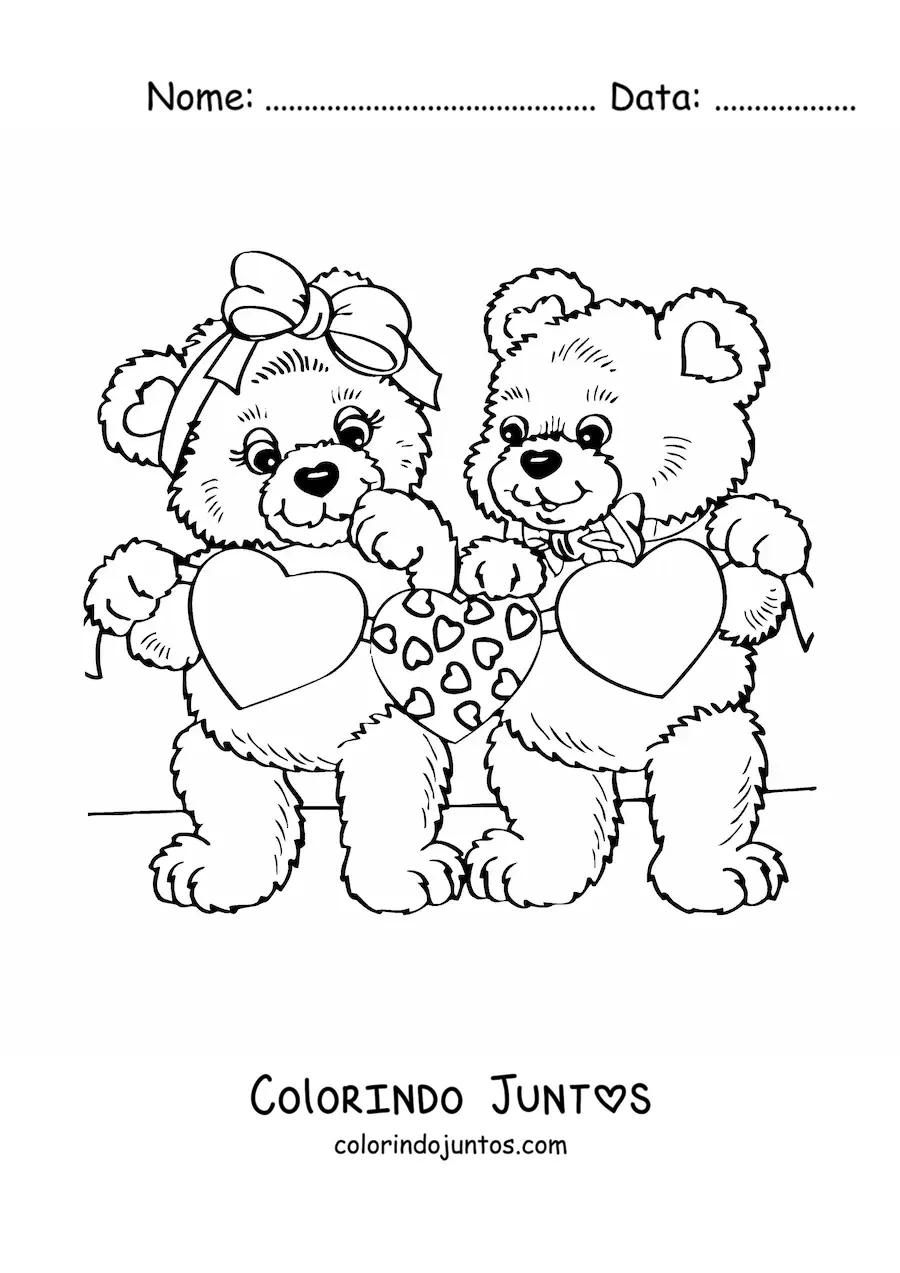 Desenho para colorir de dois ursos com coracoes do Dia dos Namorados