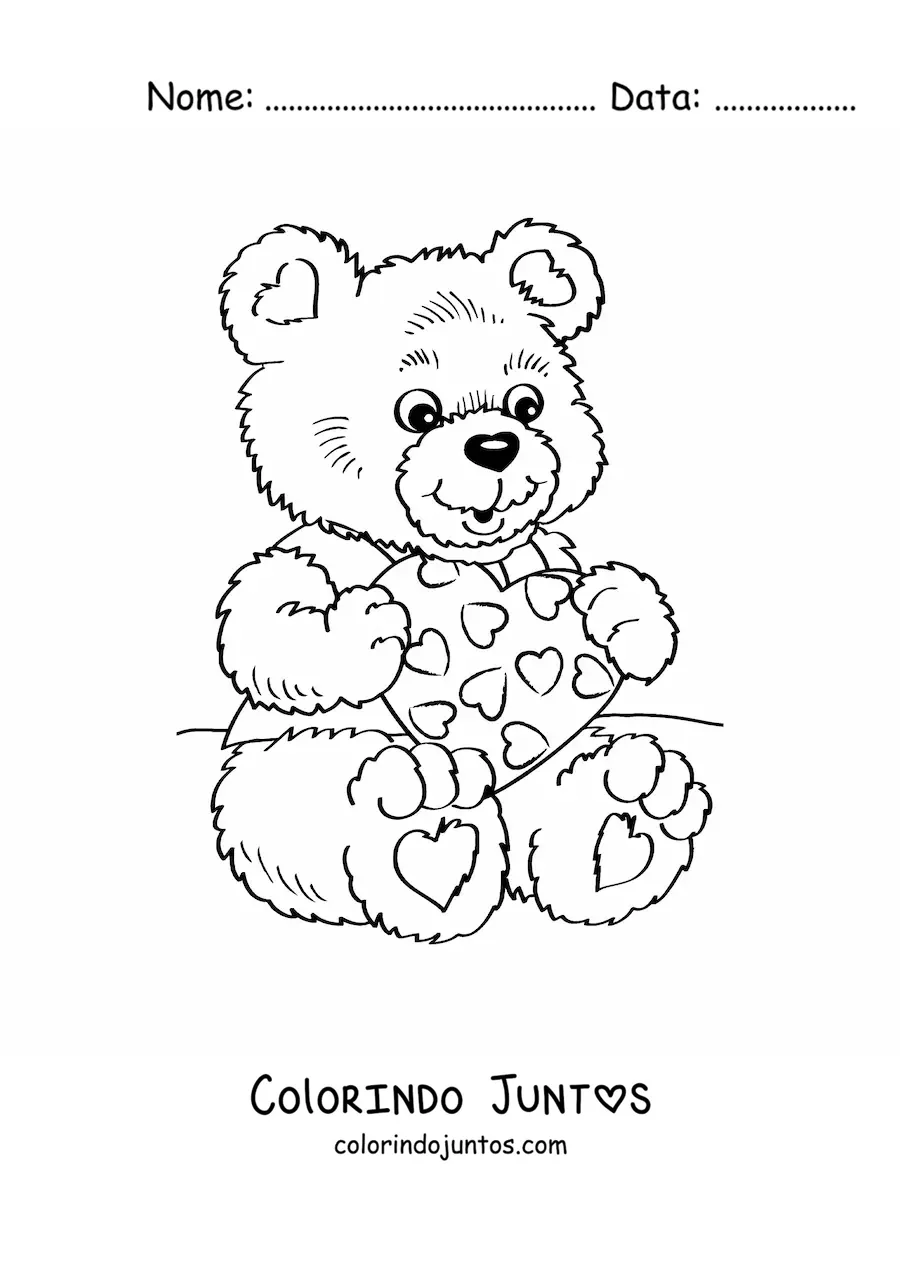 Desenho para colorir de um urso com uma carta do Dia dos Namorados