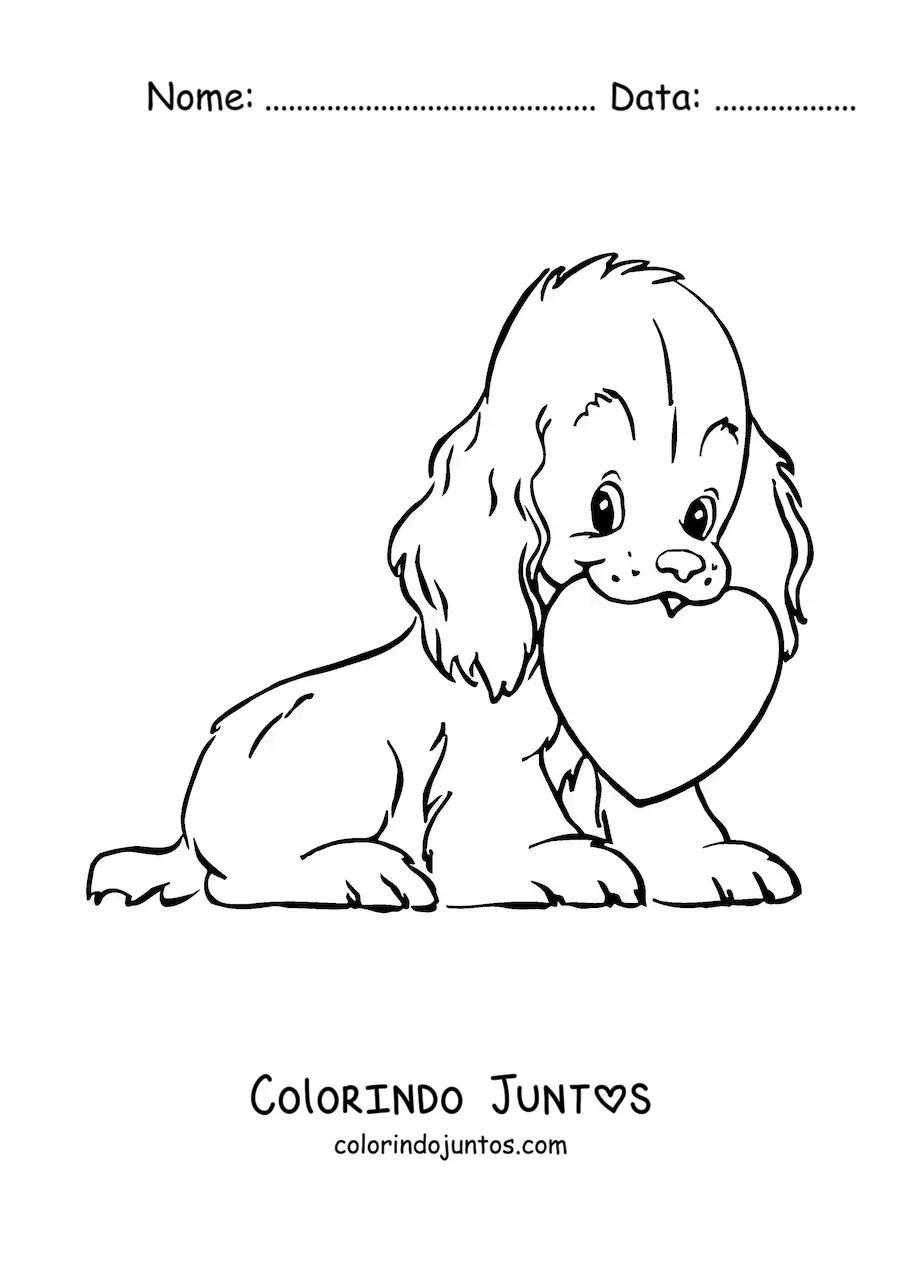 Desenho para colorir de um filhote com um coracao do Dia dos Namorados