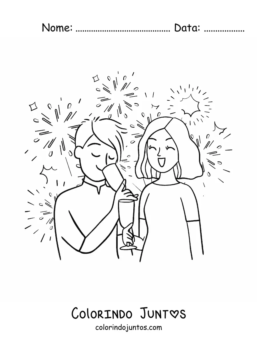 Desenho para colorir de um homem e uma mulher brindando no Ano Novo com fogos de artificio ao fundo
