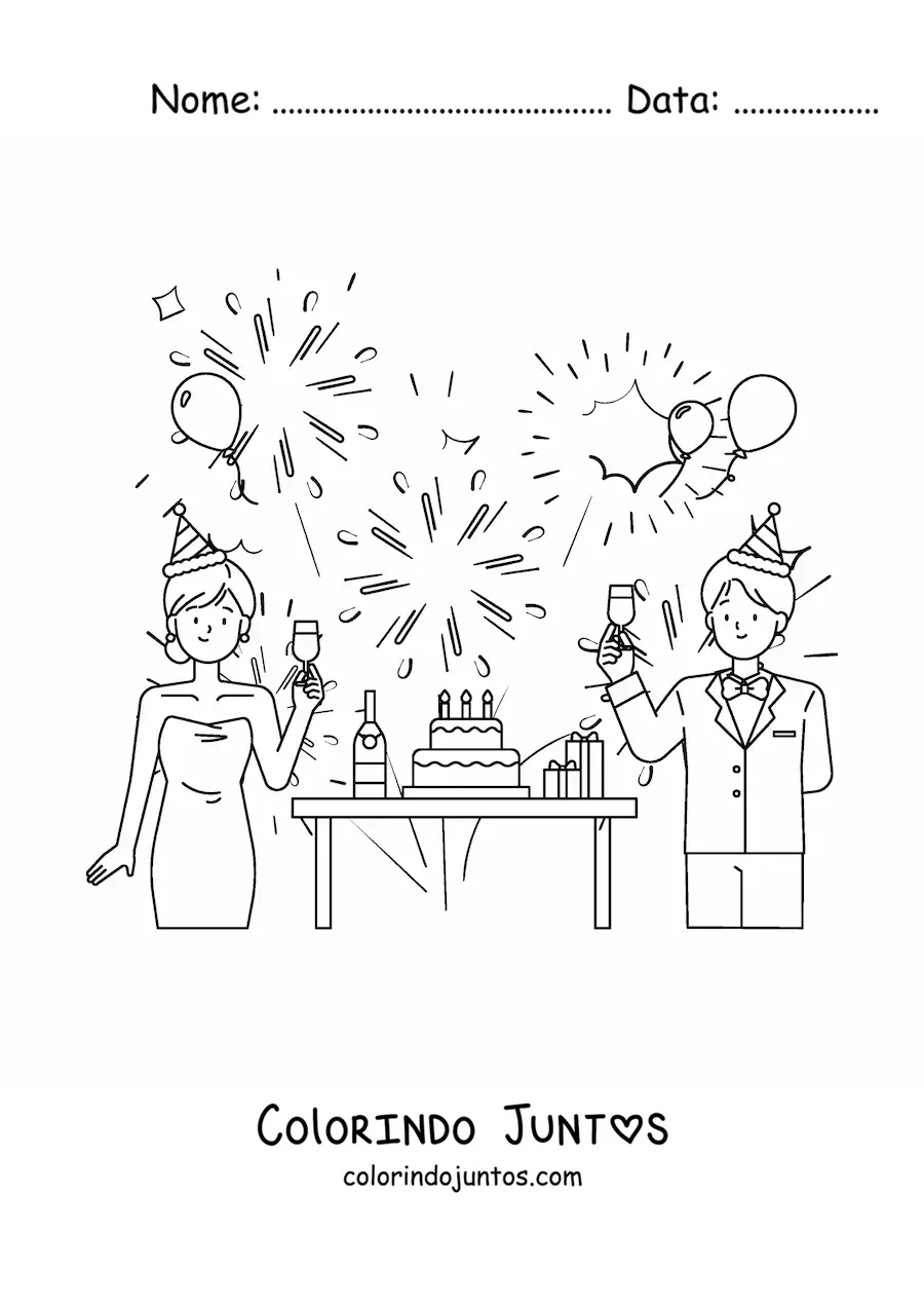 Desenho para colorir de um homem e uma mulher brindando no Ano Novo com um bolo