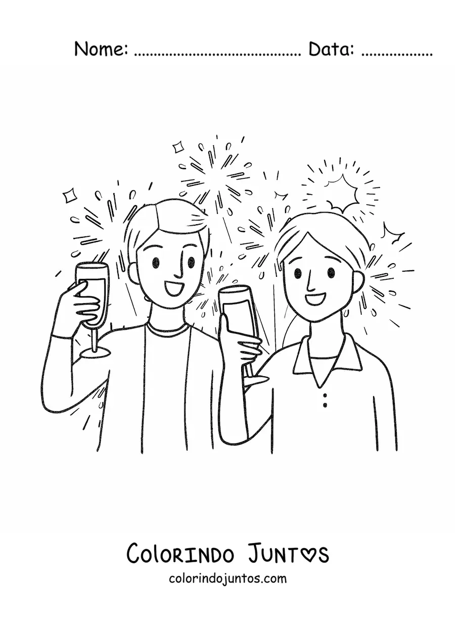 Desenho para colorir de dois meninos comemorando o Ano Novo