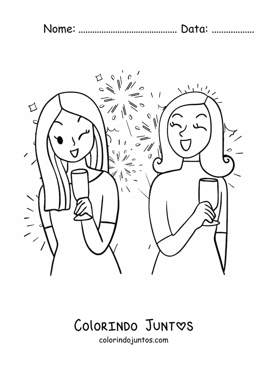 Desenho para colorir de duas meninas comemorando o Ano Novo