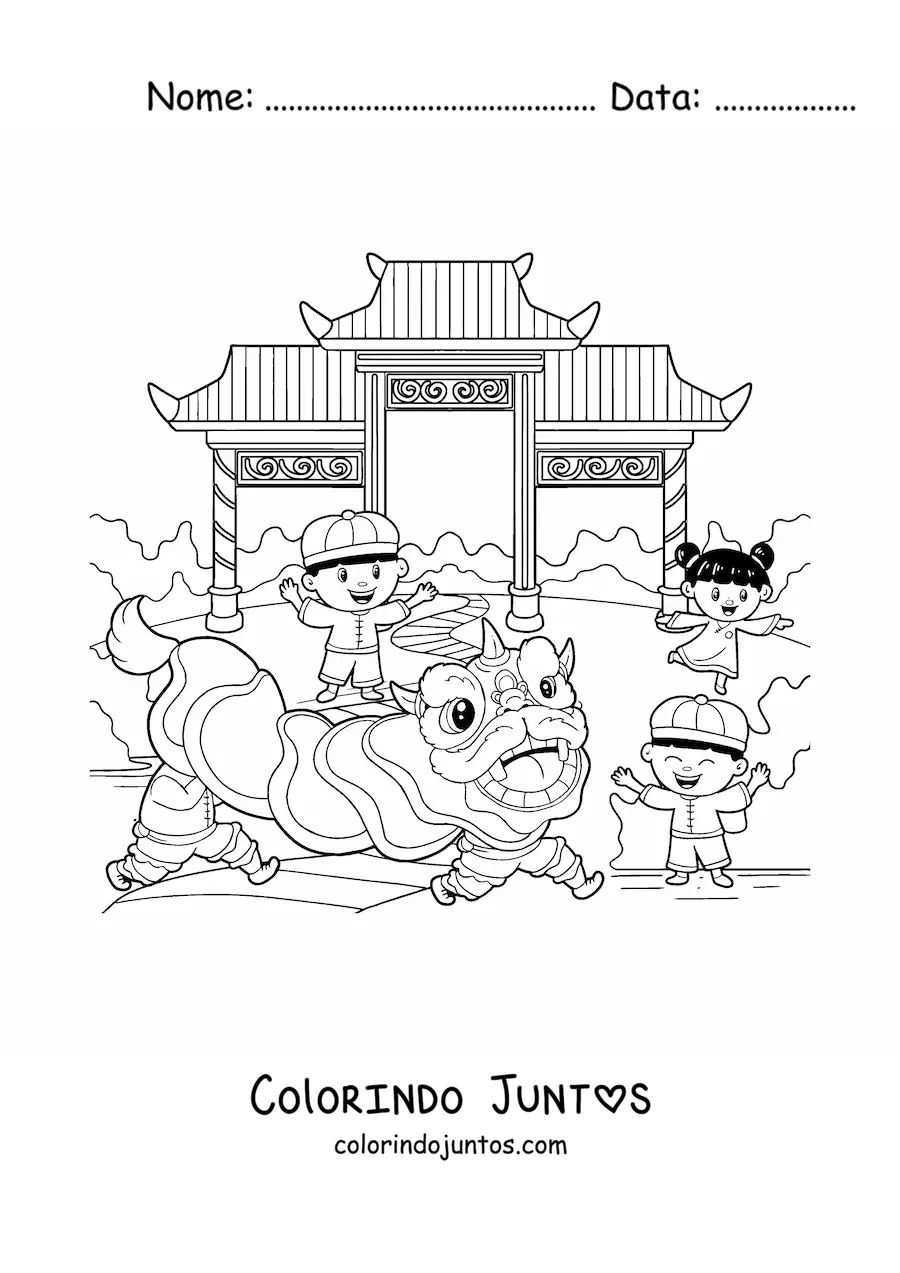 Desenho para colorir de tres criancas comemorando o Ano Novo Chines