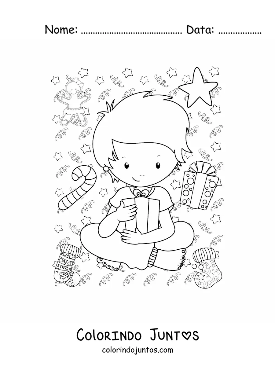 Desenho para colorir de um menino com um presente de Ano Novo