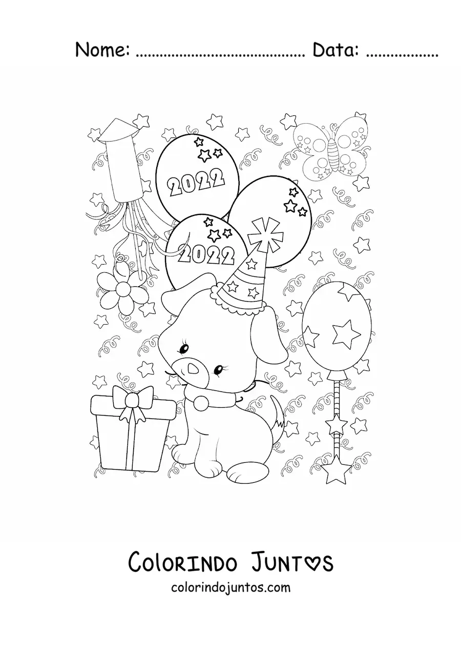 Desenho para colorir de um cachorro animado com baloes de Ano Novo