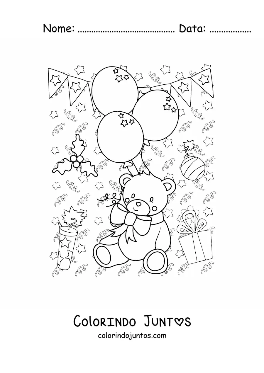 Desenho para colorir de um urso animado com baloes de Ano Novo