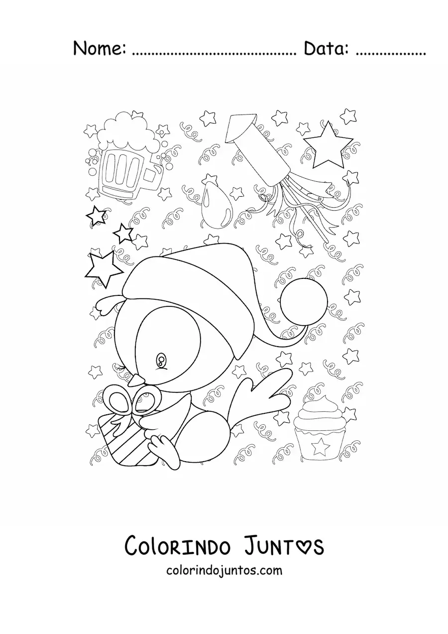Desenho para colorir de um pinguim animado com presente de Ano Novo