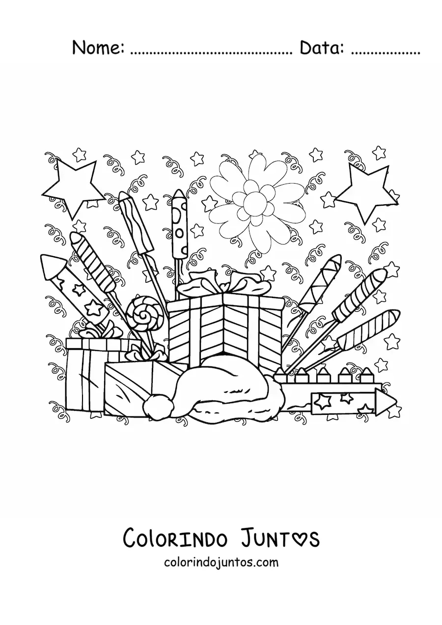 Desenho para colorir de varios presentes e fogos de artificio de Ano Novo