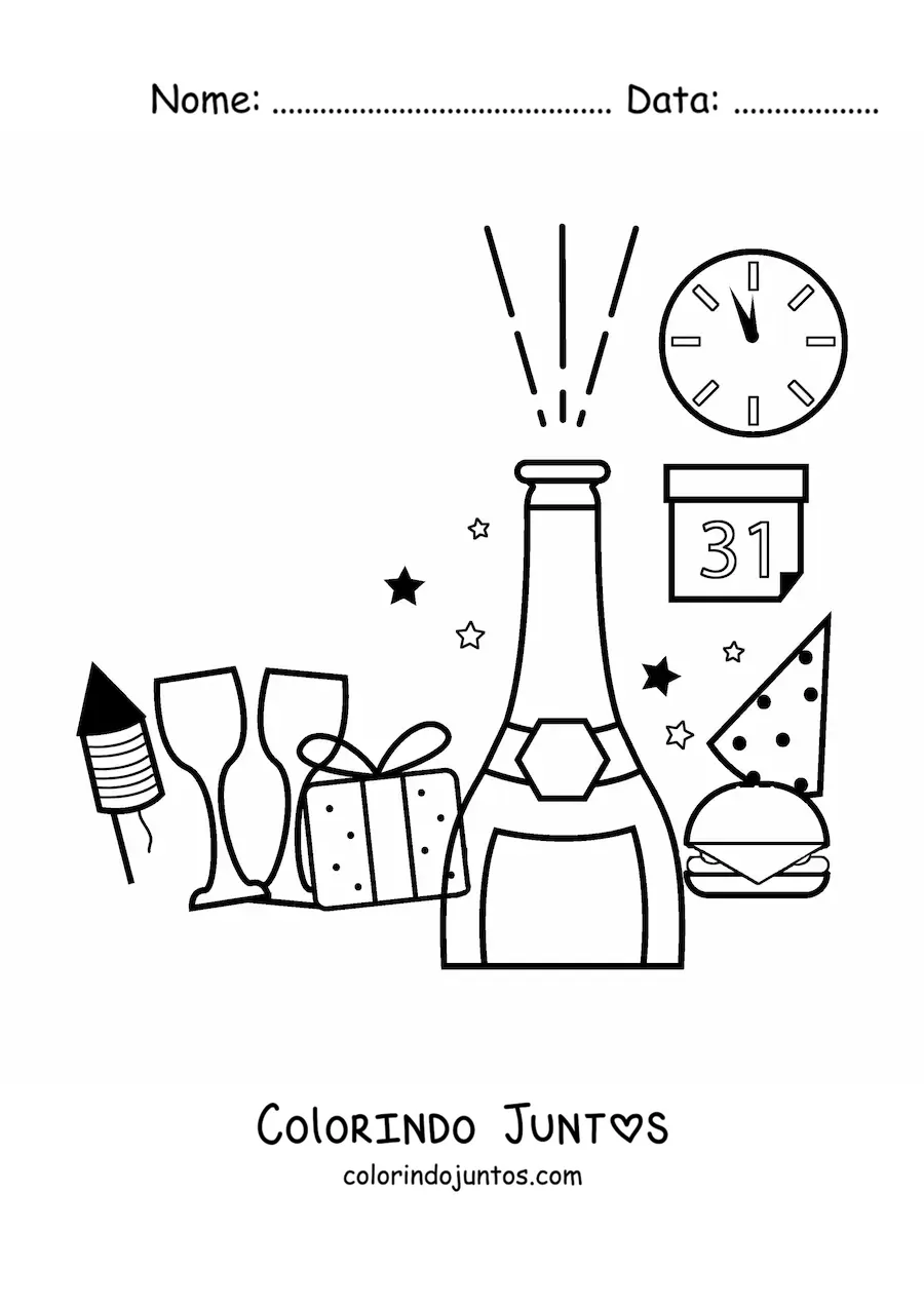 Desenho para colorir de um presente, uma garrafa e tacas de Ano Novo