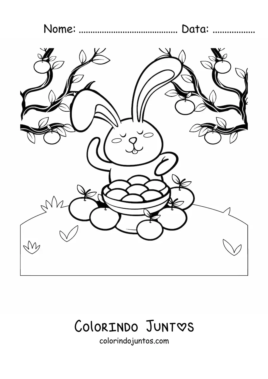 Desenho para colorir de um coelho com laranjas comemorando o Chuseok