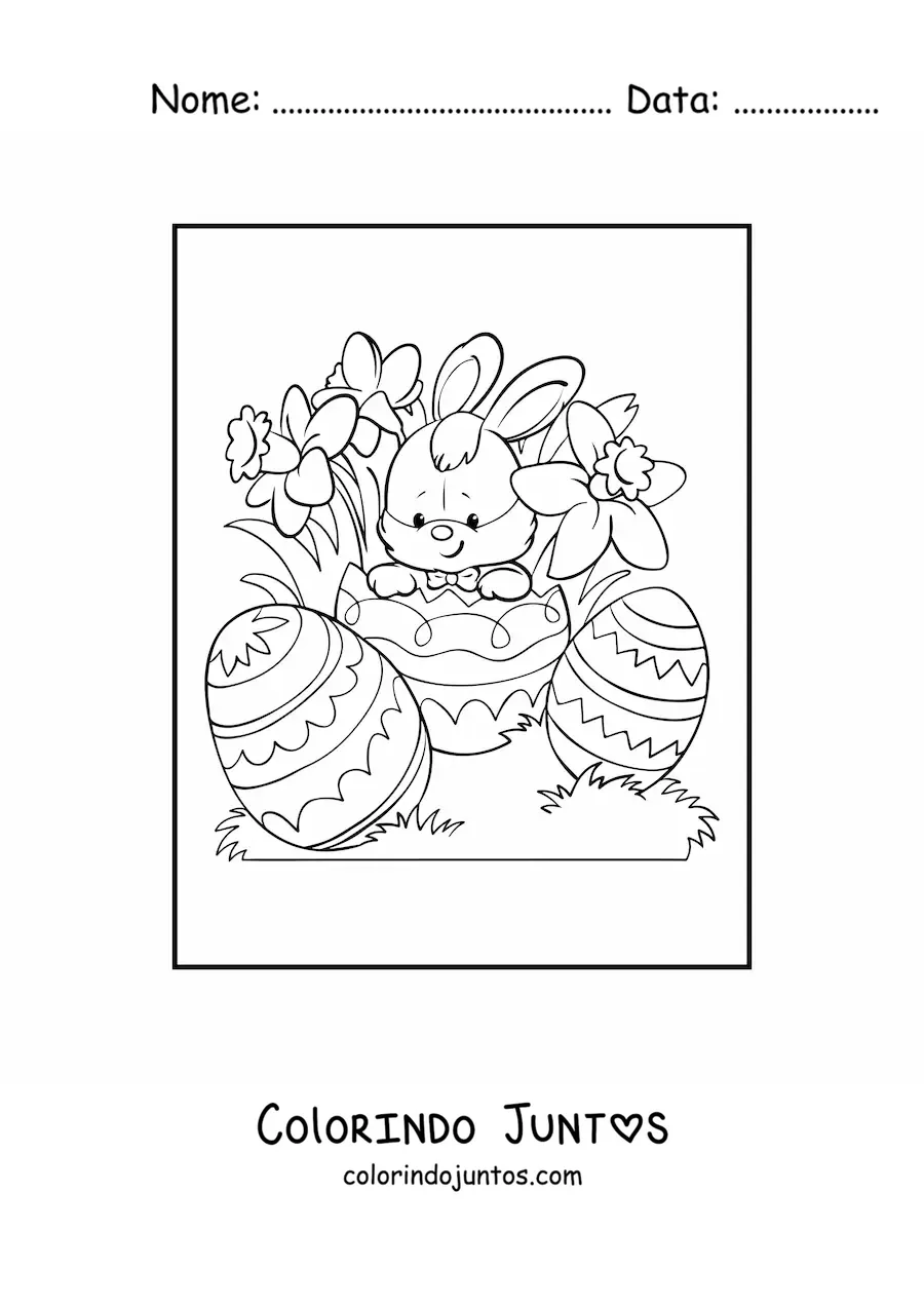 Desenho para colorir de um coelho kawaii com tres ovos de pascoa e flores