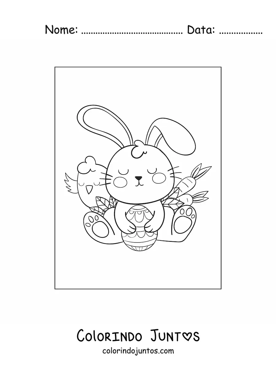 Desenho para colorir de um coelho kawaii com ovos de pascoa e cenouras