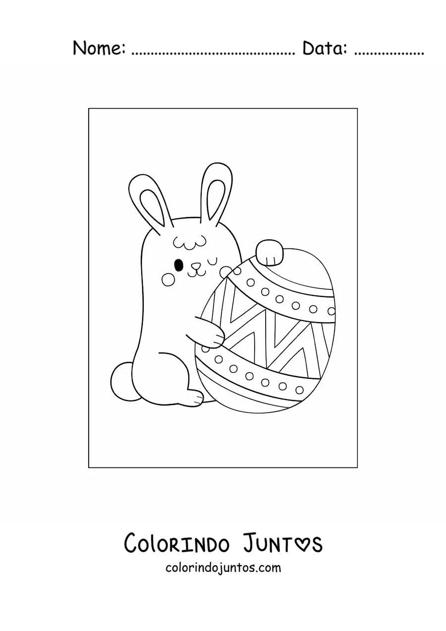 Desenho para colorir de um coelho kawaii com um ovo de pascoa gigante