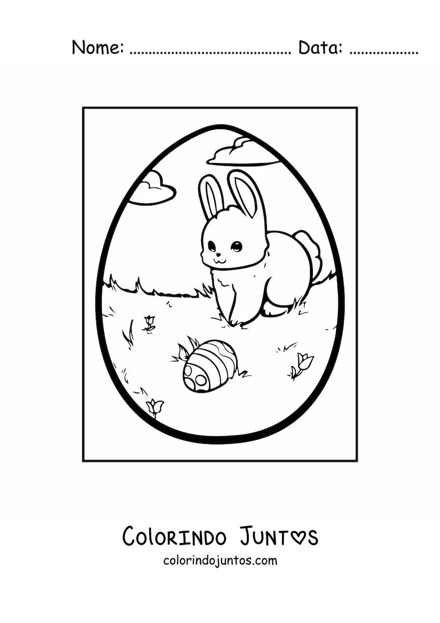 Desenho para colorir de um coelho fofo com um ovo de pascoa