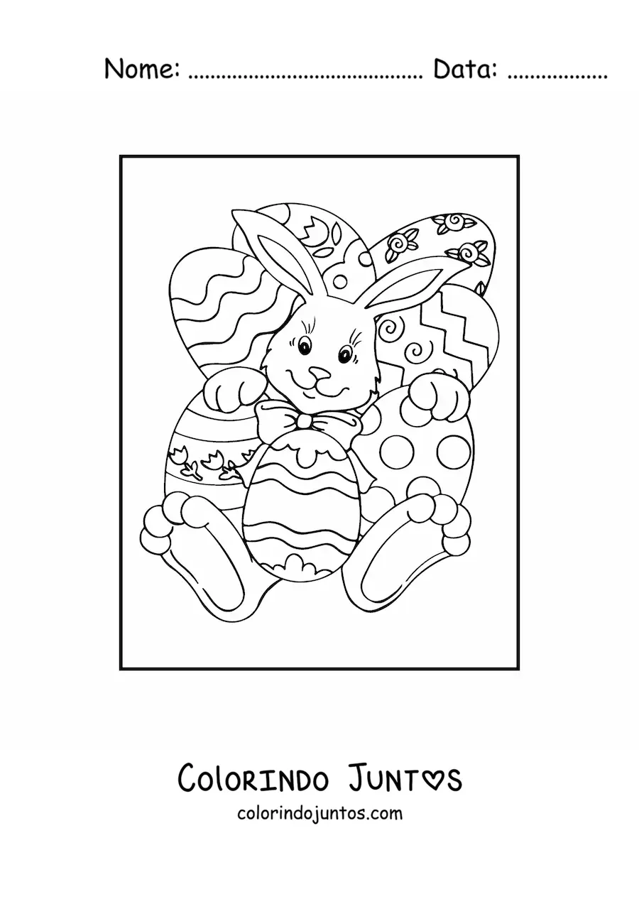 Desenho para colorir de um coelho animado com varios ovos de pascoa