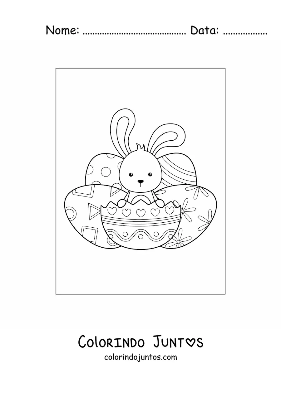 Desenho para colorir de um coelho kawaii entre varios ovos de pascoa