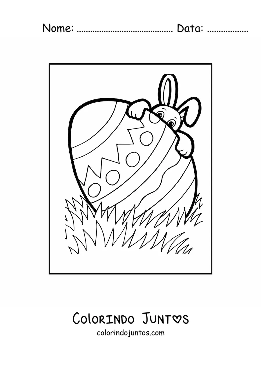 Desenho para colorir de um ovo de pascoa gigante e um coelho animado escondido