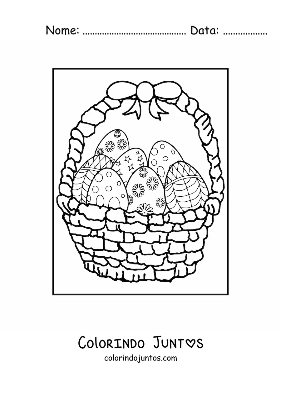 Desenho para colorir de uma cesta com ovos de pascoa