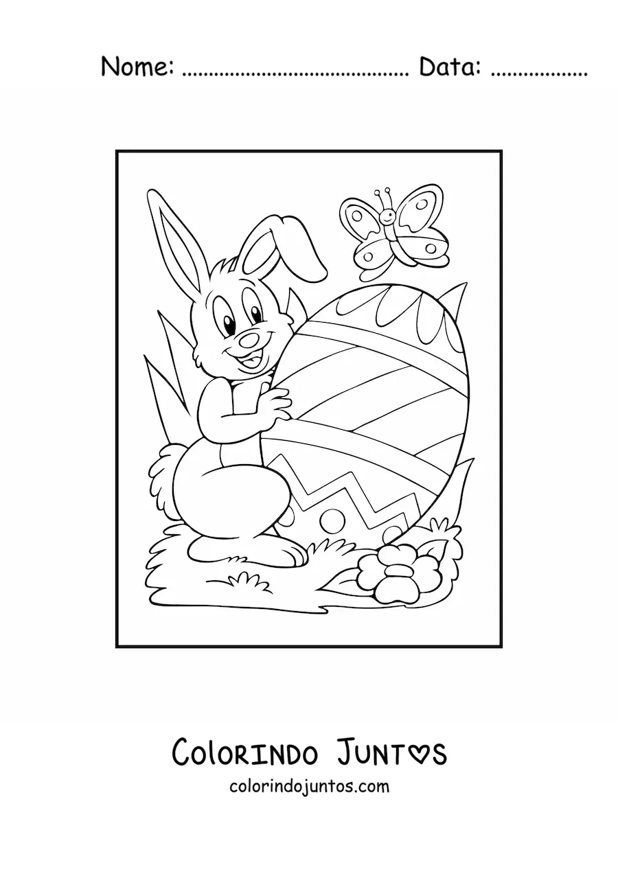Desenho para colorir de um coelho animado com um ovo de pascoa e uma borboleta
