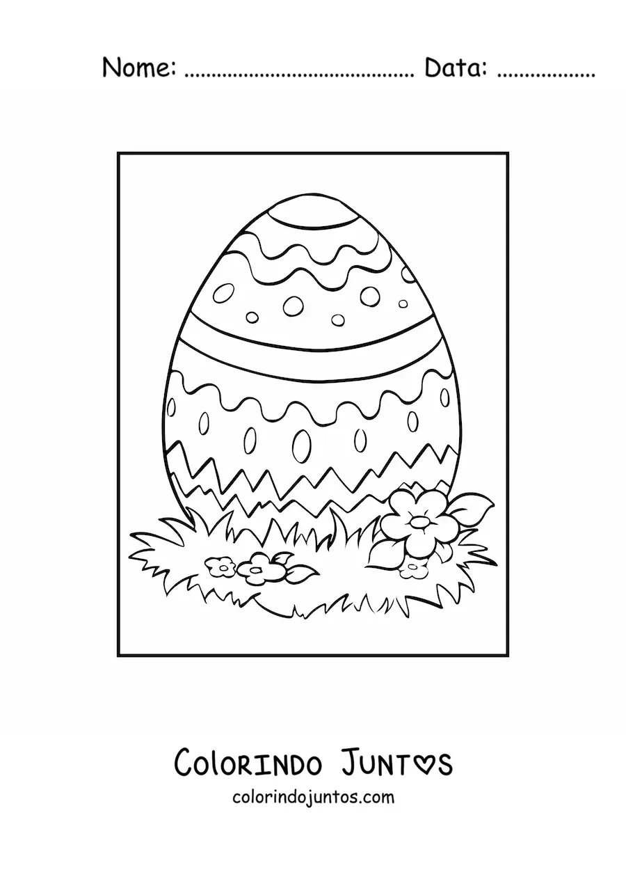 Desenho para colorir de um ovo de pascoa sobre a grama com flores