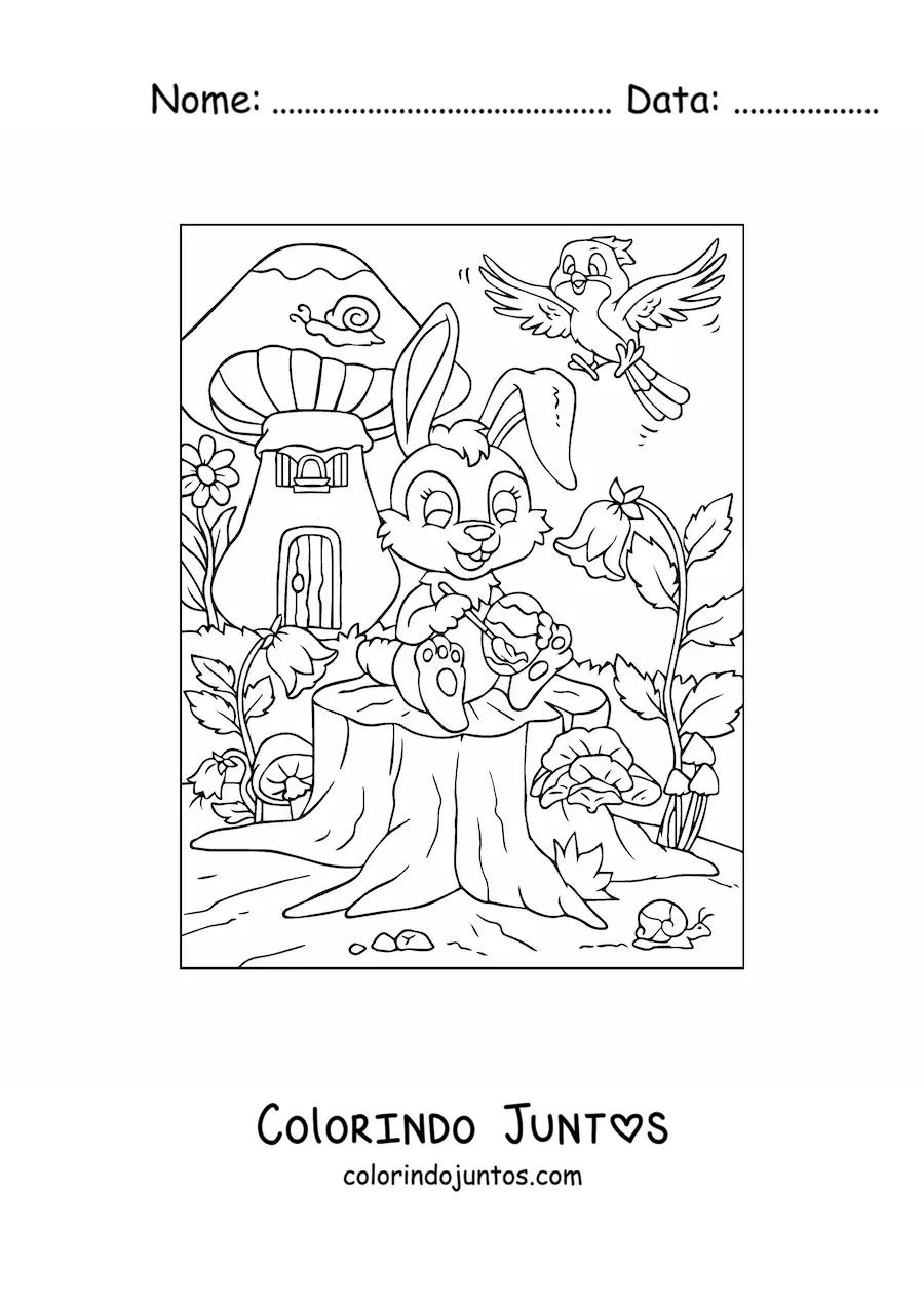 Desenho para colorir de um coelho animado pintando um ovo de pascoa