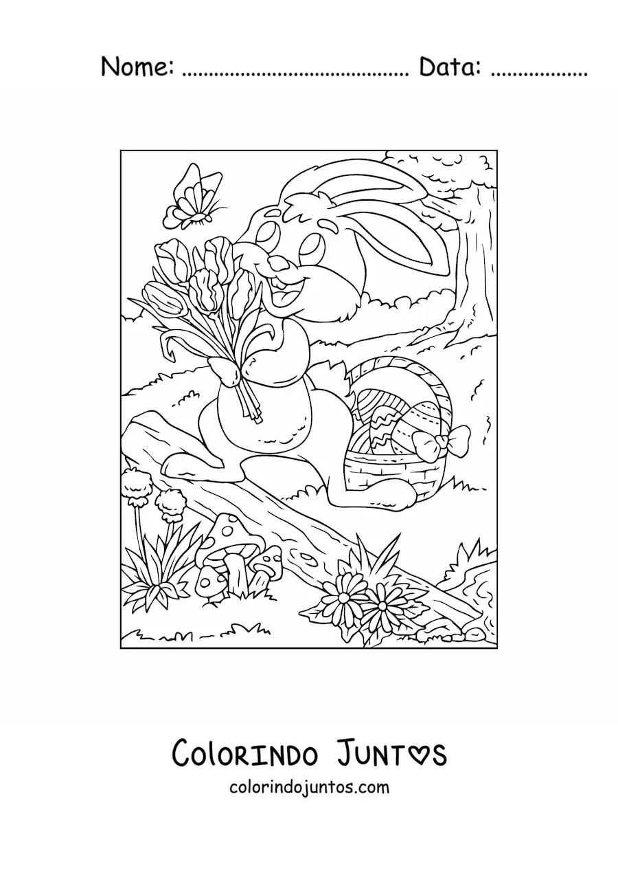 Desenho para colorir de um coelho da pascoa com um buque de flores