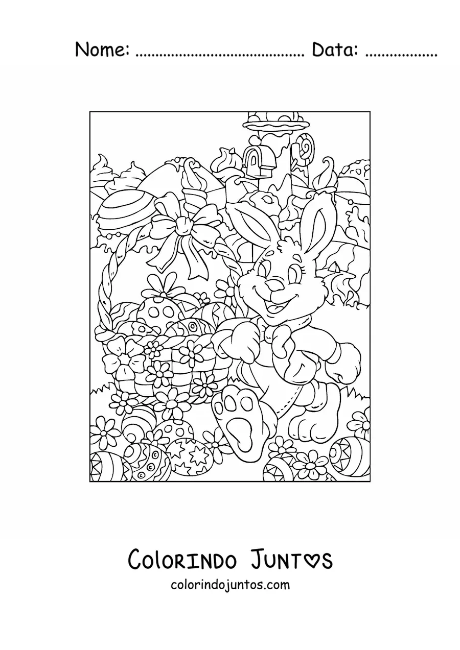 Desenho para colorir do coelho animado com um cesto de ovos de pascoa
