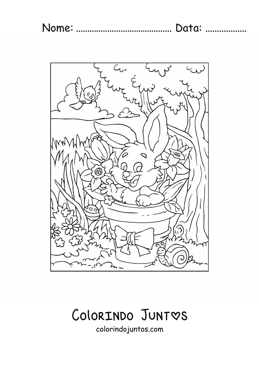 Desenho para colorir do coelho da pascoa no jardim