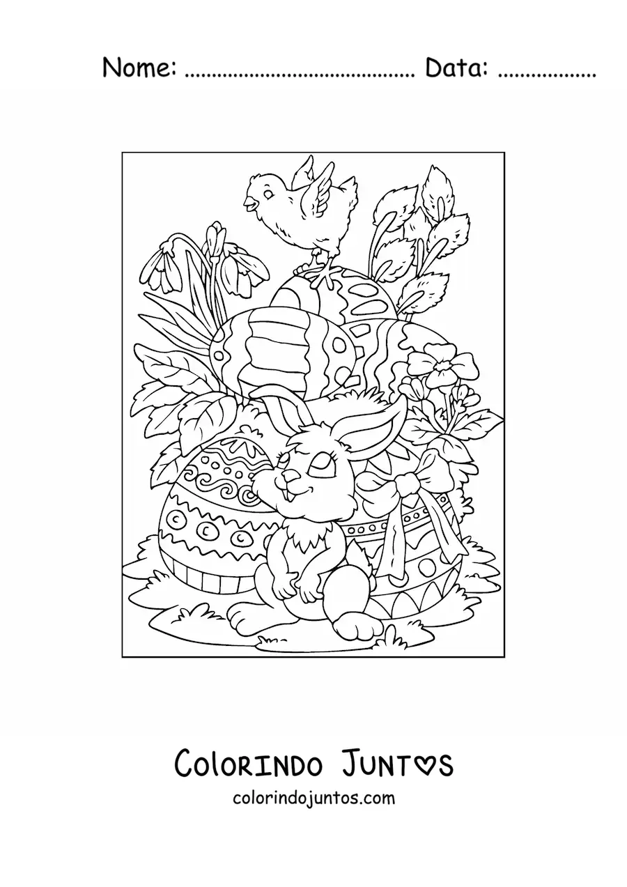 Desenho para colorir do coelho da pascoa com ovos e um pintinho