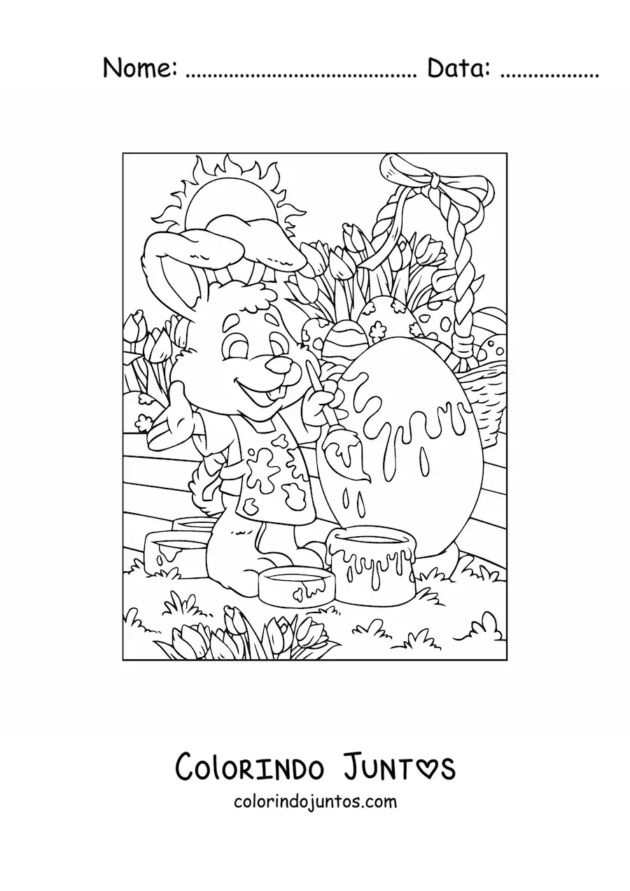 Desenho para colorir do coelho da pascoa pintando um ovo