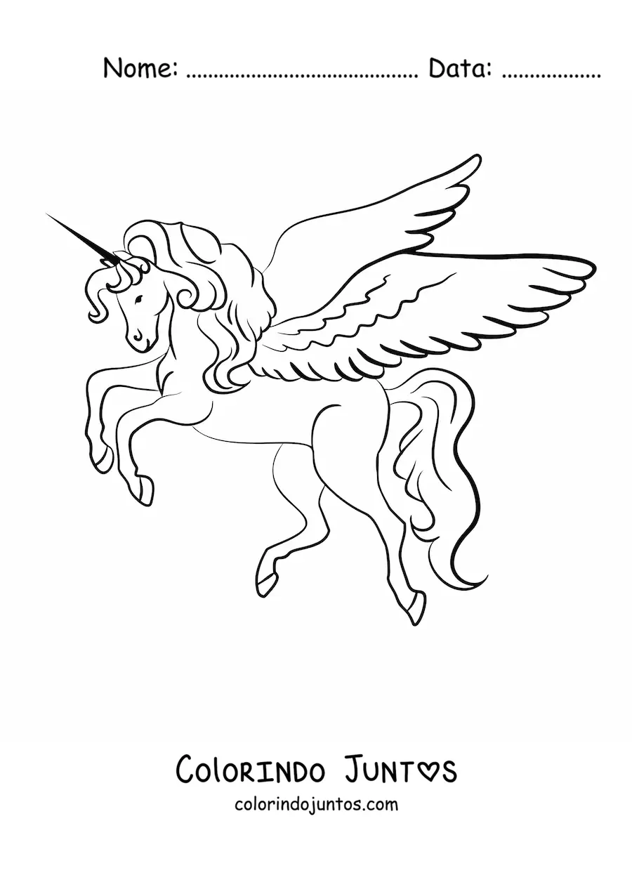 Desenho para colorir de um unicórnio com asas em duas patas