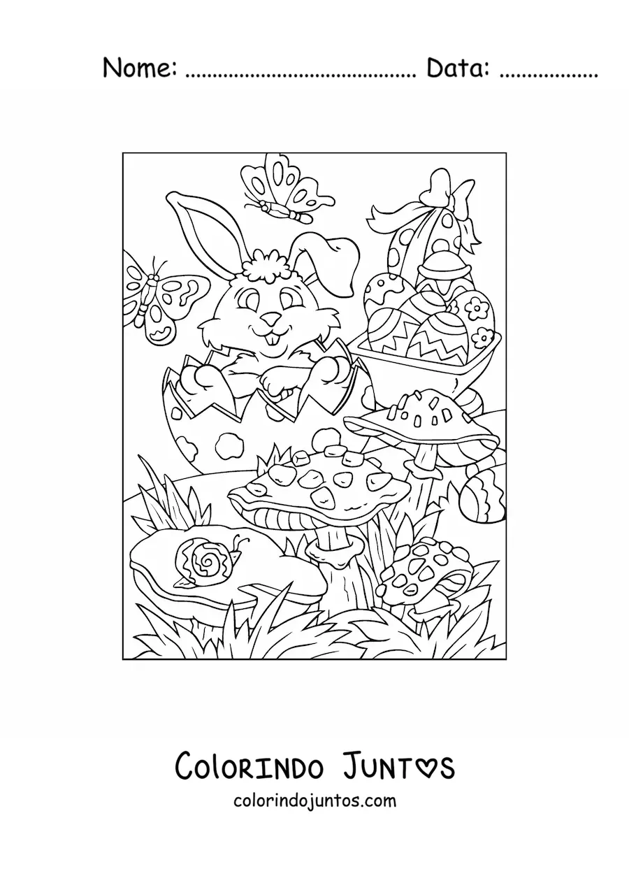 Desenho para colorir de um coelho com cesto de ovos de pascoa no jardim