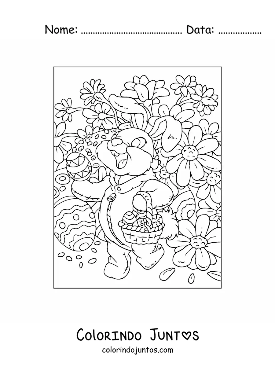Desenho para colorir de um coelho distribuindo ovos de pascoa