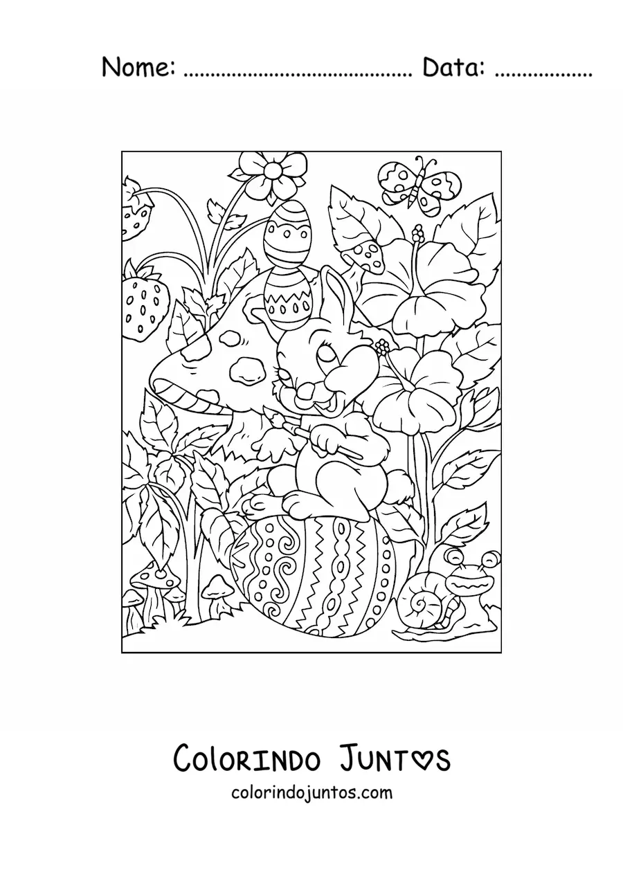 Desenho para colorir de um coelho com pincel e ovos de pascoa no jardim